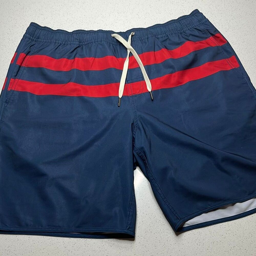 Fair Harbor Lined Swim Trunks Men’s Large Navy Red Stripe Stretch Board Shorts P